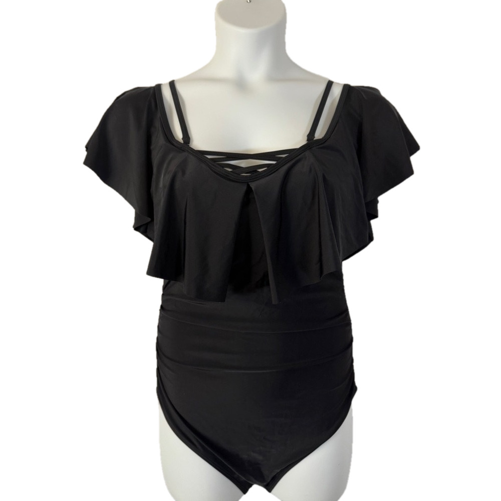 Black Ruffle One-Piece Swimsuit with Strappy Neckline